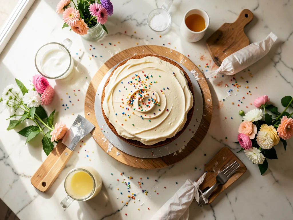 A cake decorating setup: turntable with frosted cake, piping bags, offset spatul