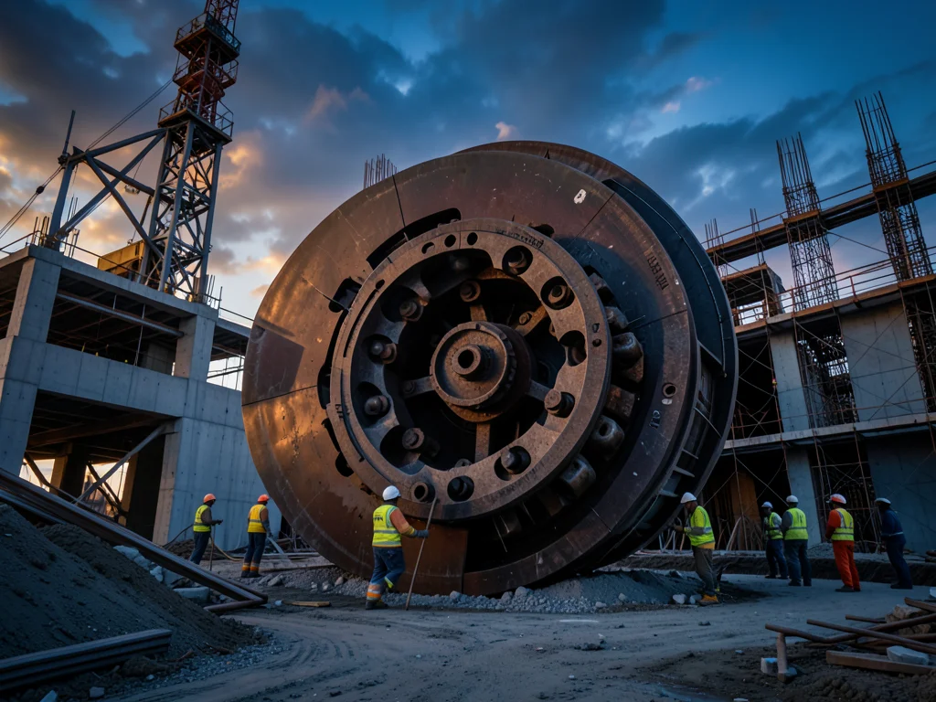 A tunnel boring machine face: the massive cutting head with disc cutters, the sc