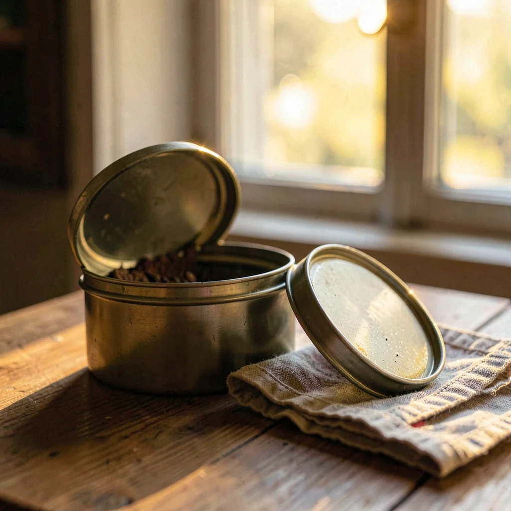 Warm still-life of an open tobacco tin beside a small folded cloth, golden windo