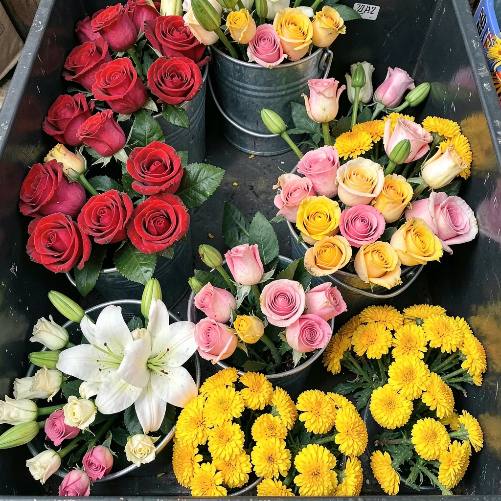 Florist cooler packed with buckets of roses, lilies, marigolds, chrysanthemums o