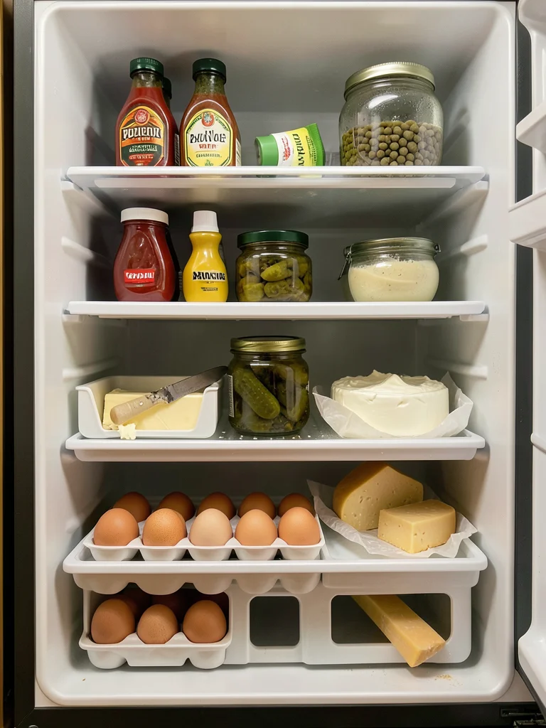 A refrigerator door interior viewed from directly in front with the door at 90 d