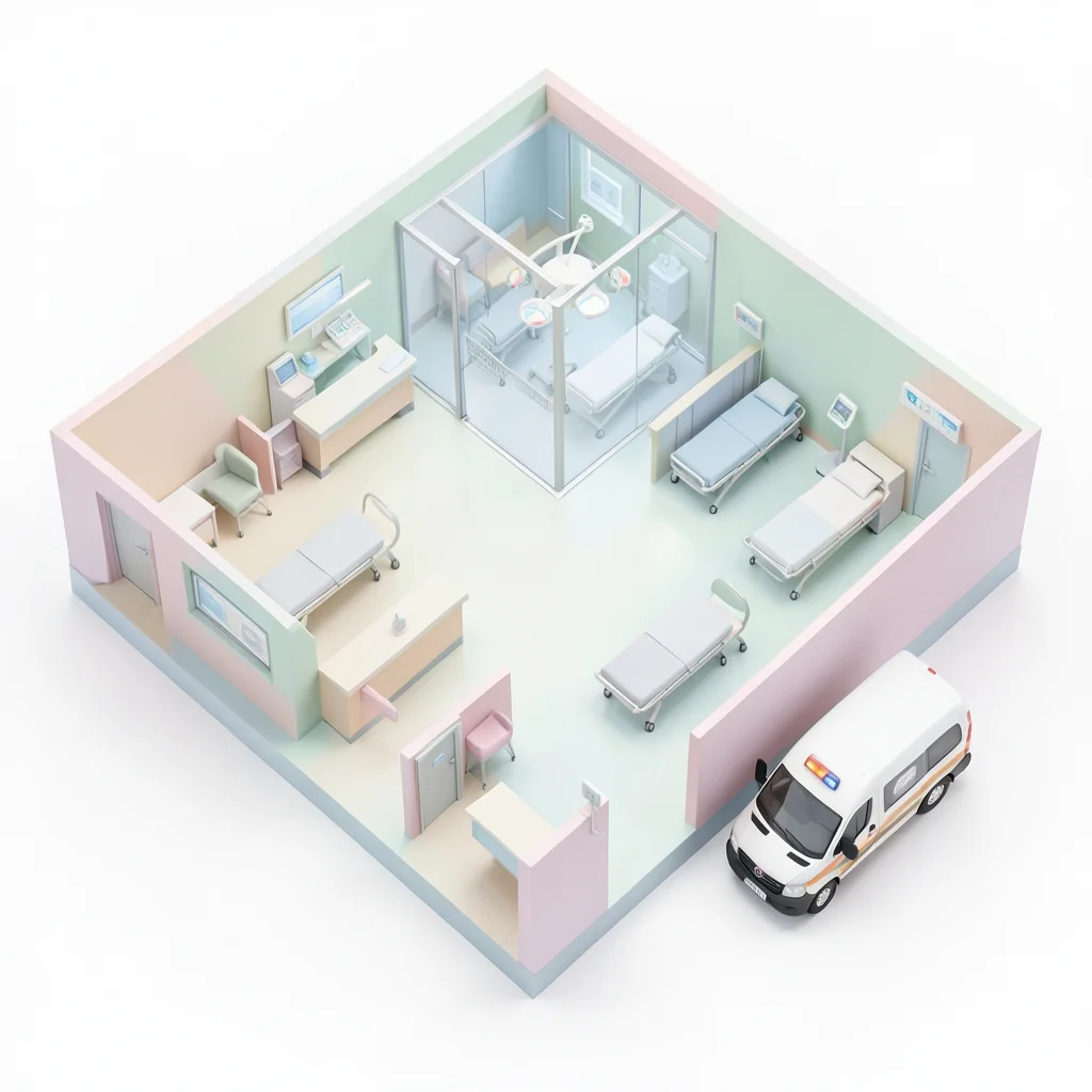 A hospital floor: reception desk, patient rooms with beds, an operating theater 