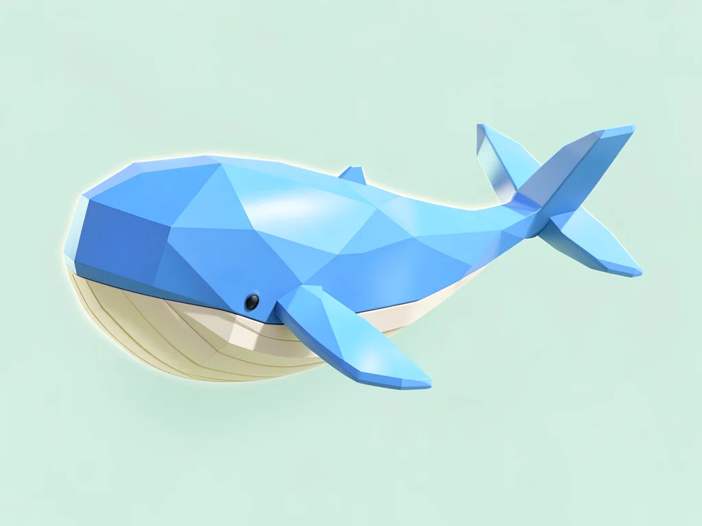 Massive sky-blue lowpoly whale with a cream belly and triangulated tail flukes, 