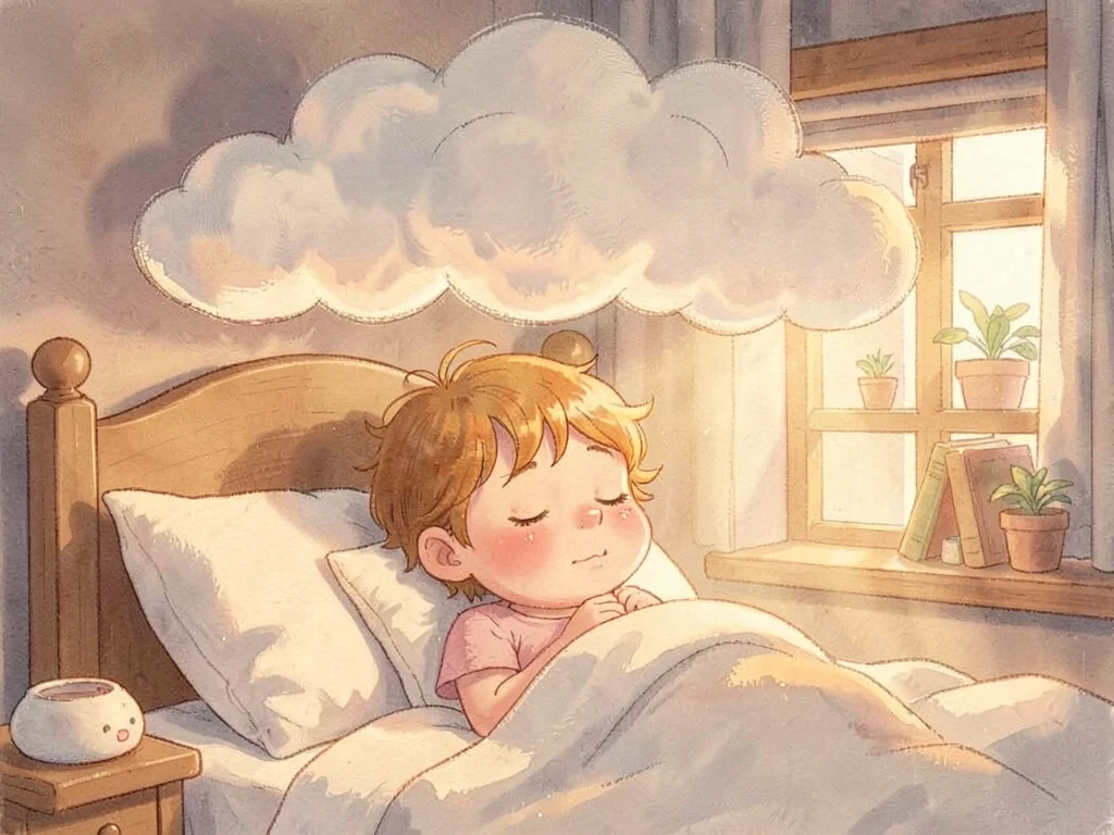 Dreaming child with floating clouds