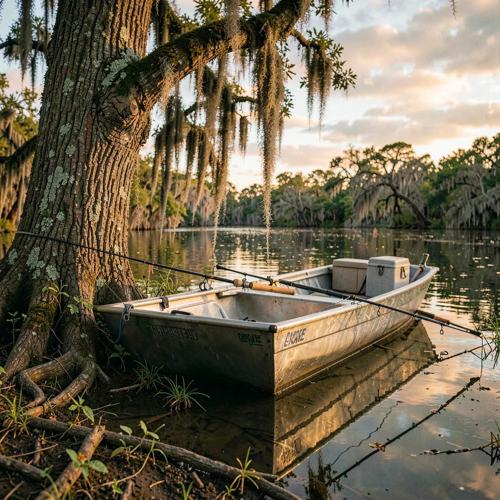 Atmospheric photograph with Louisiana bayou sensibility, An aluminum flat-bottom