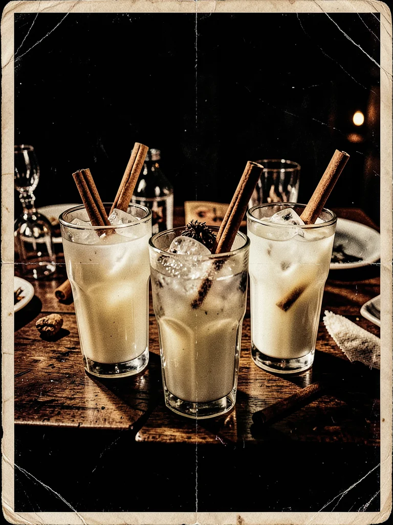 Eggnog in glass cups with nutmeg and cinnamon stick, party table