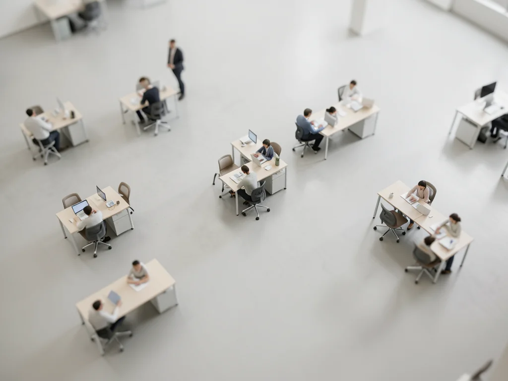 Office floor from above, tilt-shift, tiny workers at tiny desks