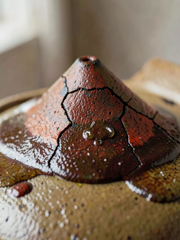 Tenmoku breaking iron-red across the crest of a wheel-thrown ridge, glaze poolin