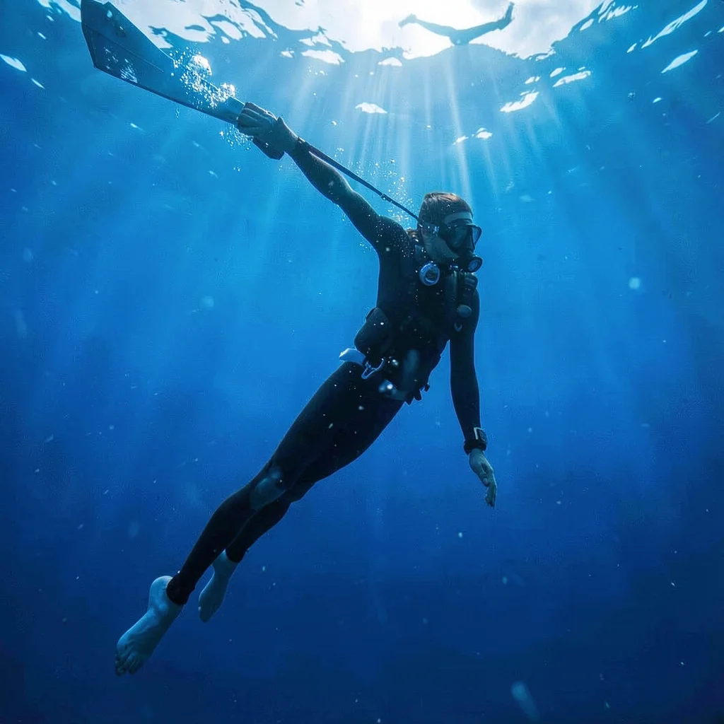 Deep oceanic blue saturation, light filtering through density, A freediver desce