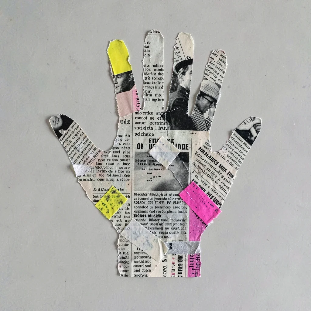 Mixed-media collage of vintage advertising fragments cut and reassembled into a 