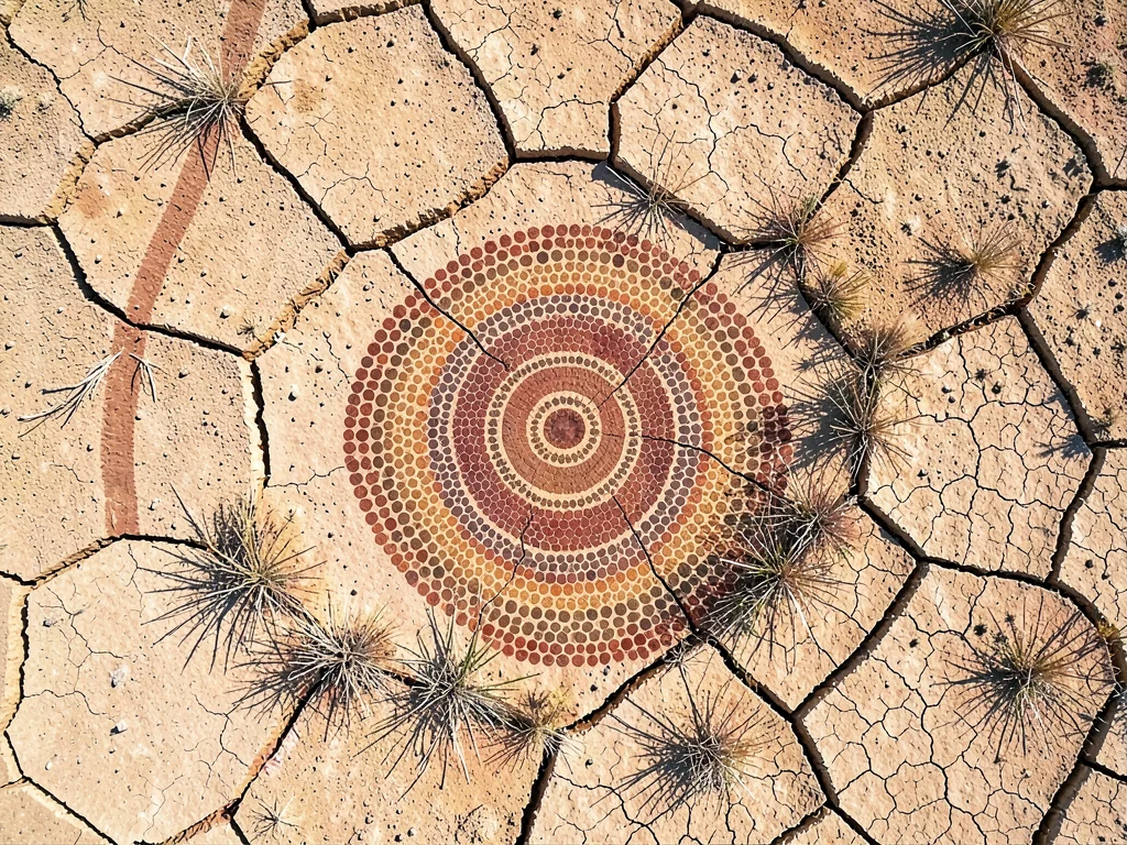 Dry lake bed cracked into polygon tiles from above, sparse dead grass at fissure
