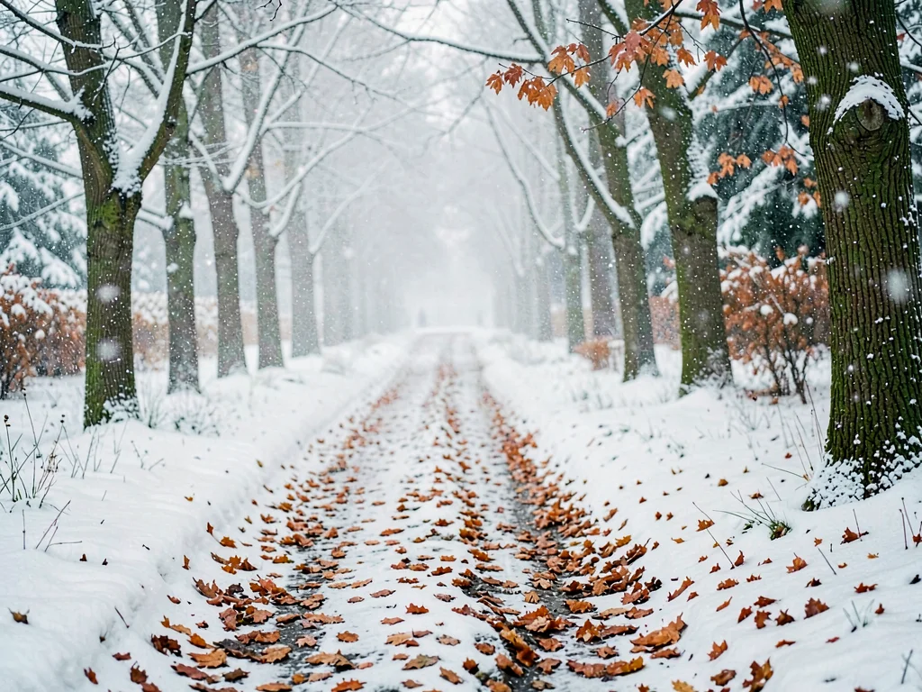 First snow on fallen leaves, autumn meeting winter, seasonal overlap