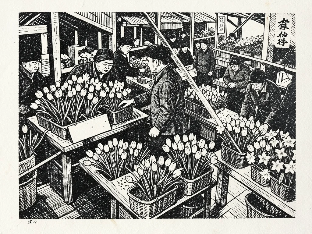 A mokuhanga print of a flower market — vendors behind tables of tulips and daffo