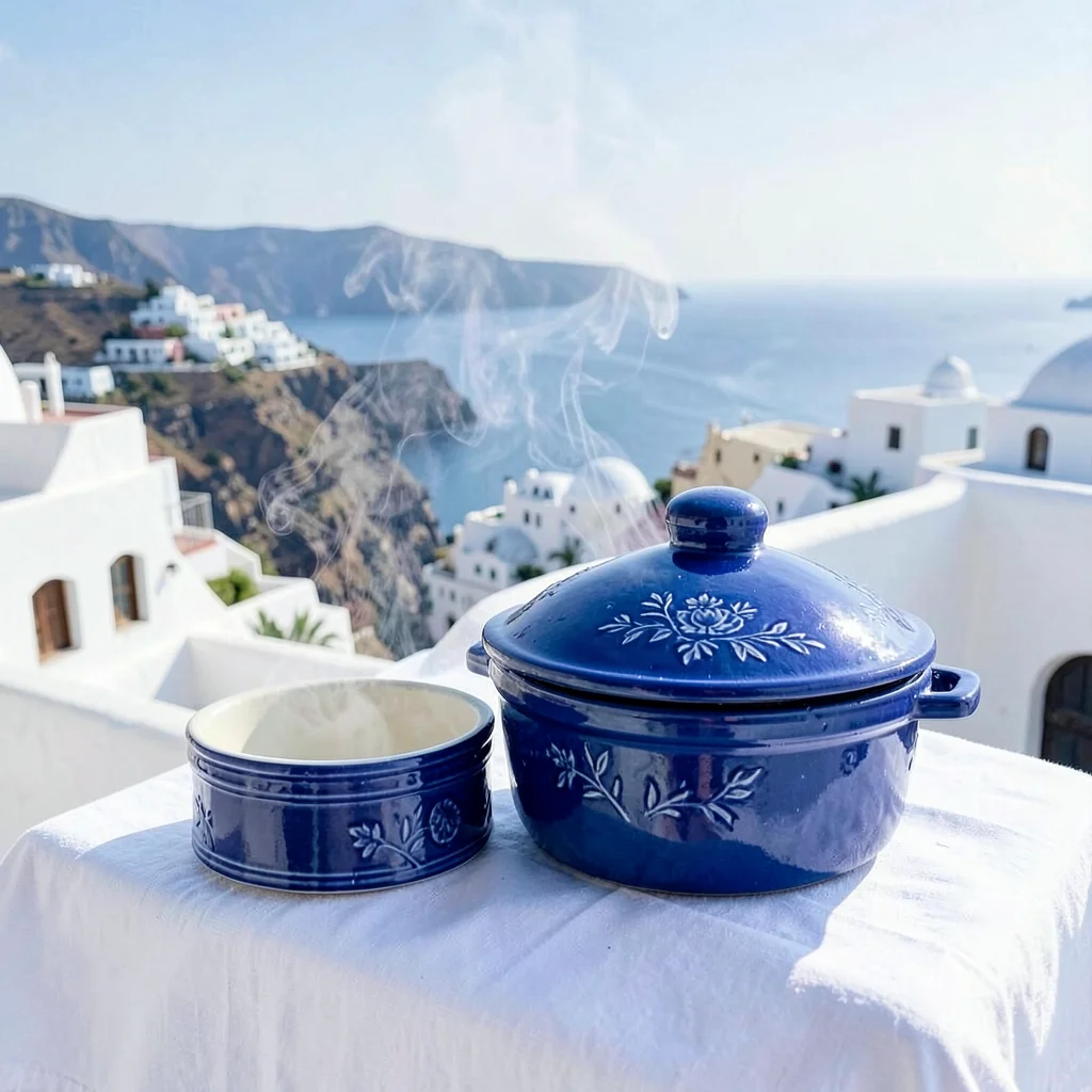 Sidi Bou Said cobalt-white, cliff-top absolute palette, Blue ceramic tagine on w