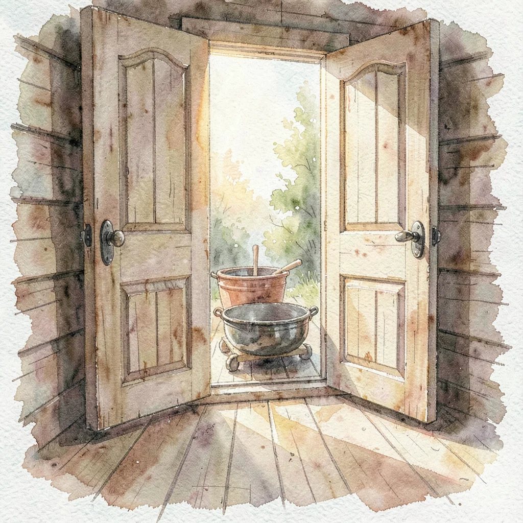 atmospheric watercolor of a cabin door opening onto a sound bath setup, warm spi