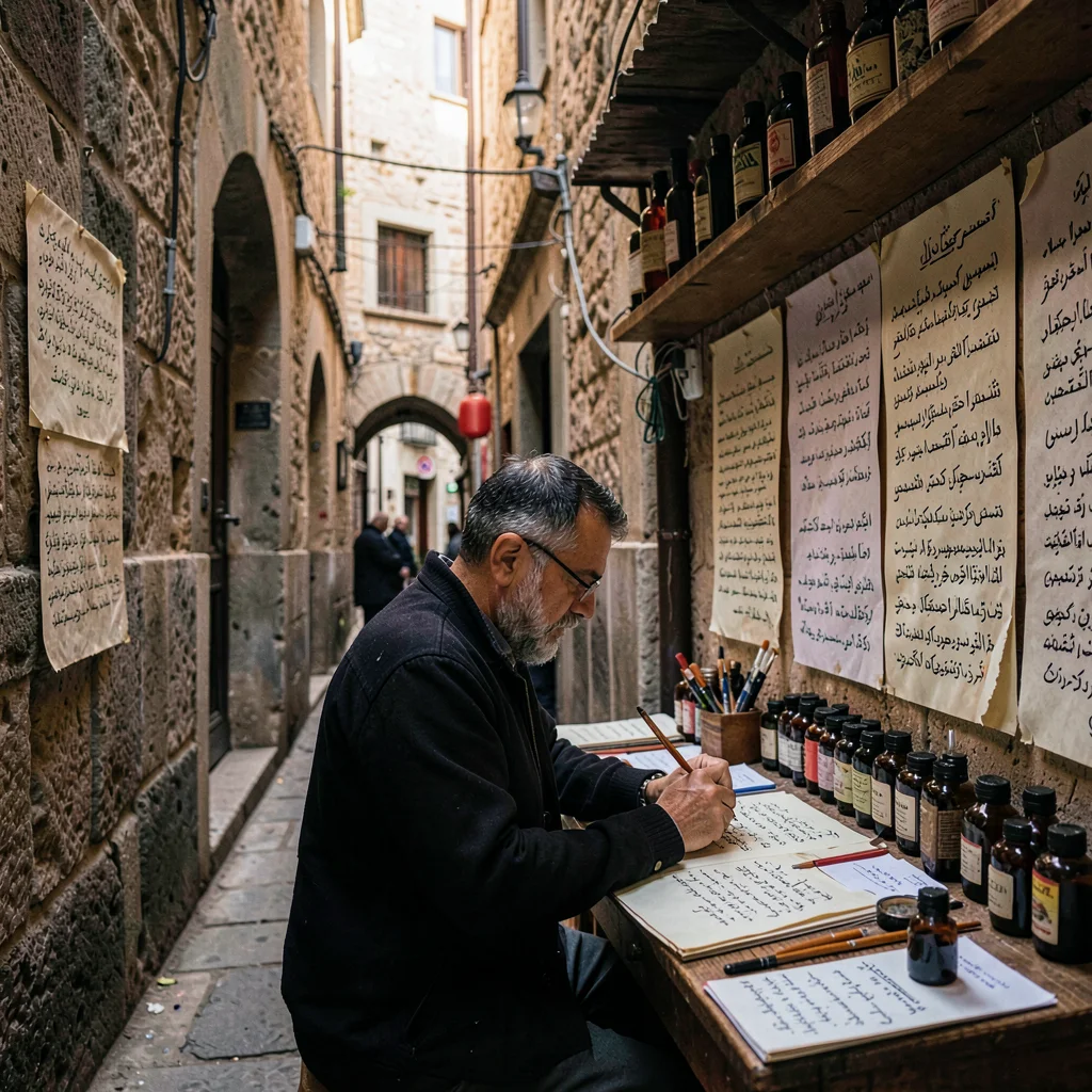 Historic medina photography, labyrinthine old city, A calligrapher at work in hi
