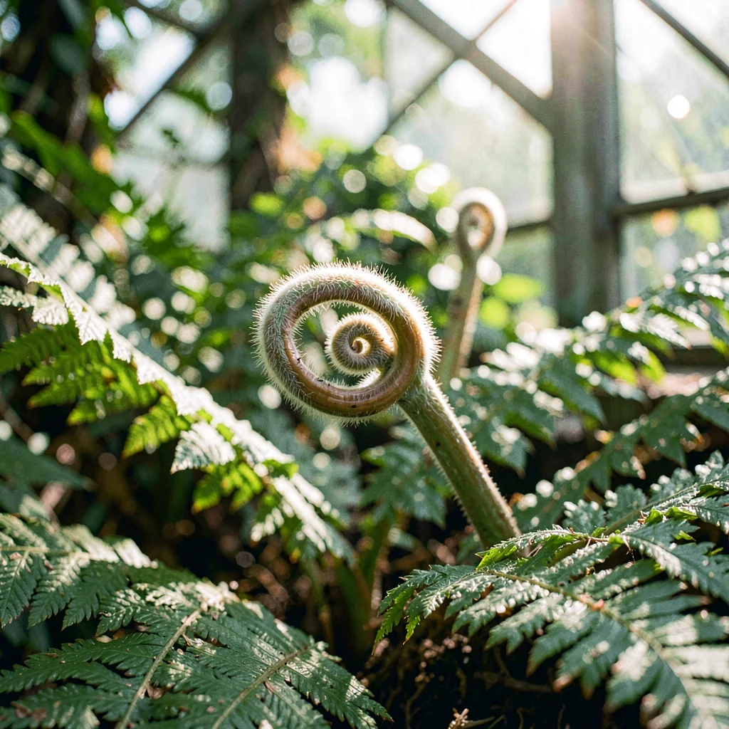 Botanical macro of an unfurling crozier on a tree fern, fine fuzz on the spiral,