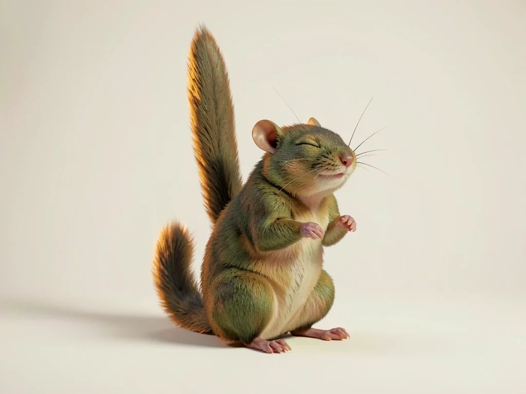 A small dormouse-poet mid-stretch with back arched and tail pointed straight up,