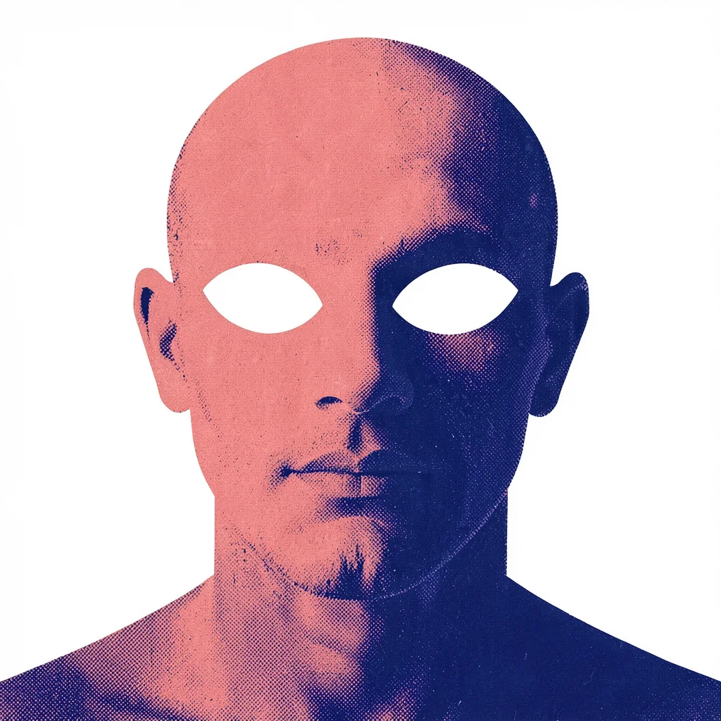 silhouette of a single bold mask-shape covering nose-and-mouth in coral and indi