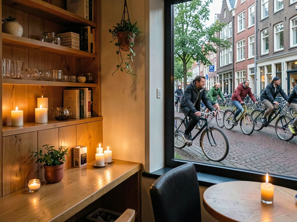 Bicycle rhythm through Copenhagen, a window view of cyclists streaming past, sho