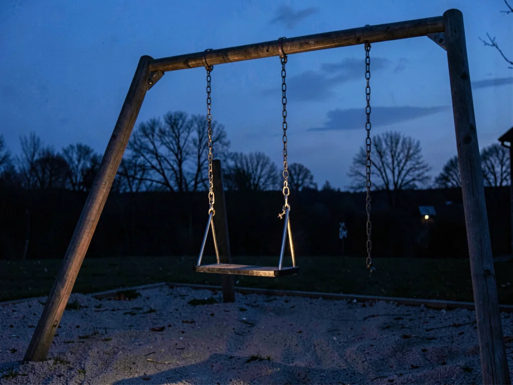 Empty playground swing still moving at blue hour, chain catching last light