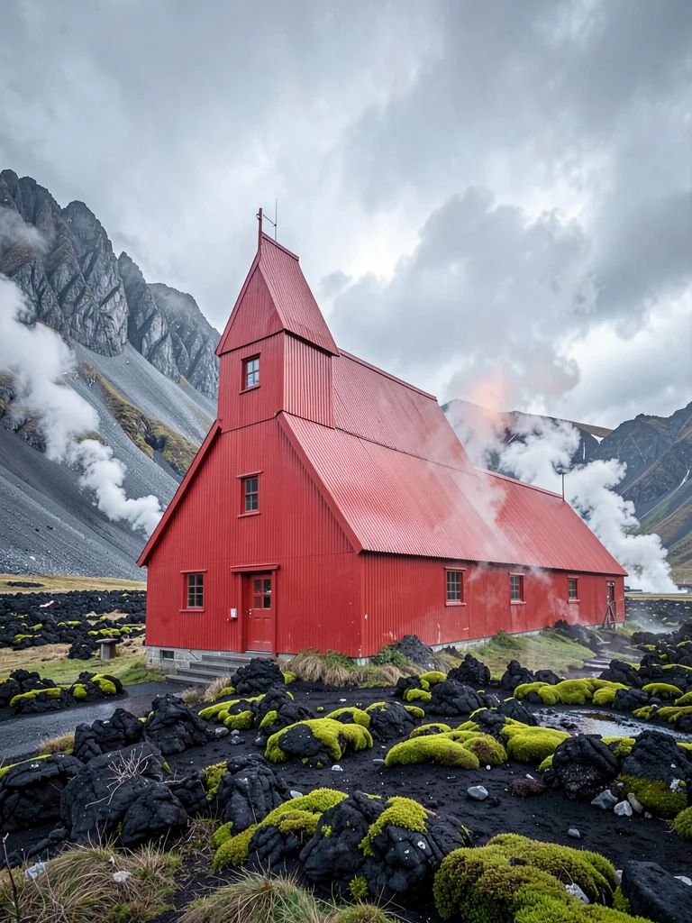 Volcanic otherworldly light in Iceland, a bright red corrugated iron church agai