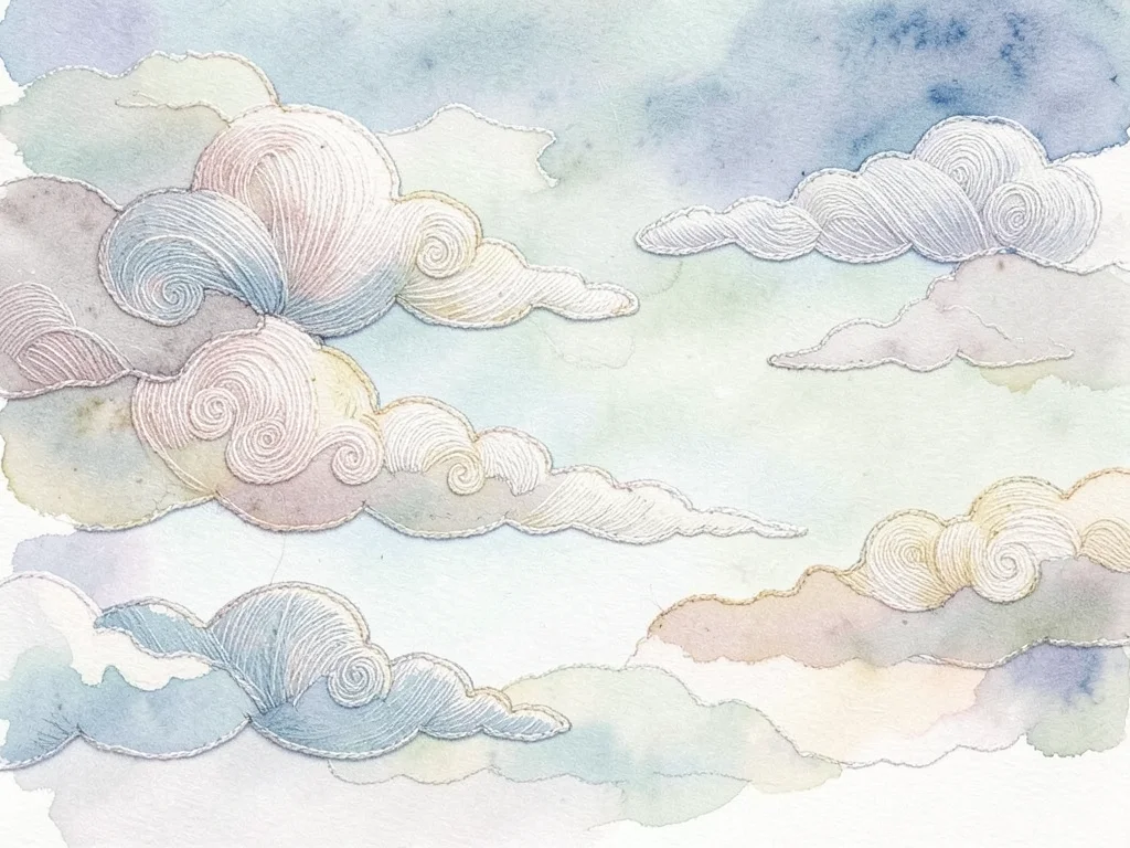 Photograph where sky has been replaced with embroidered clouds, thread texture v