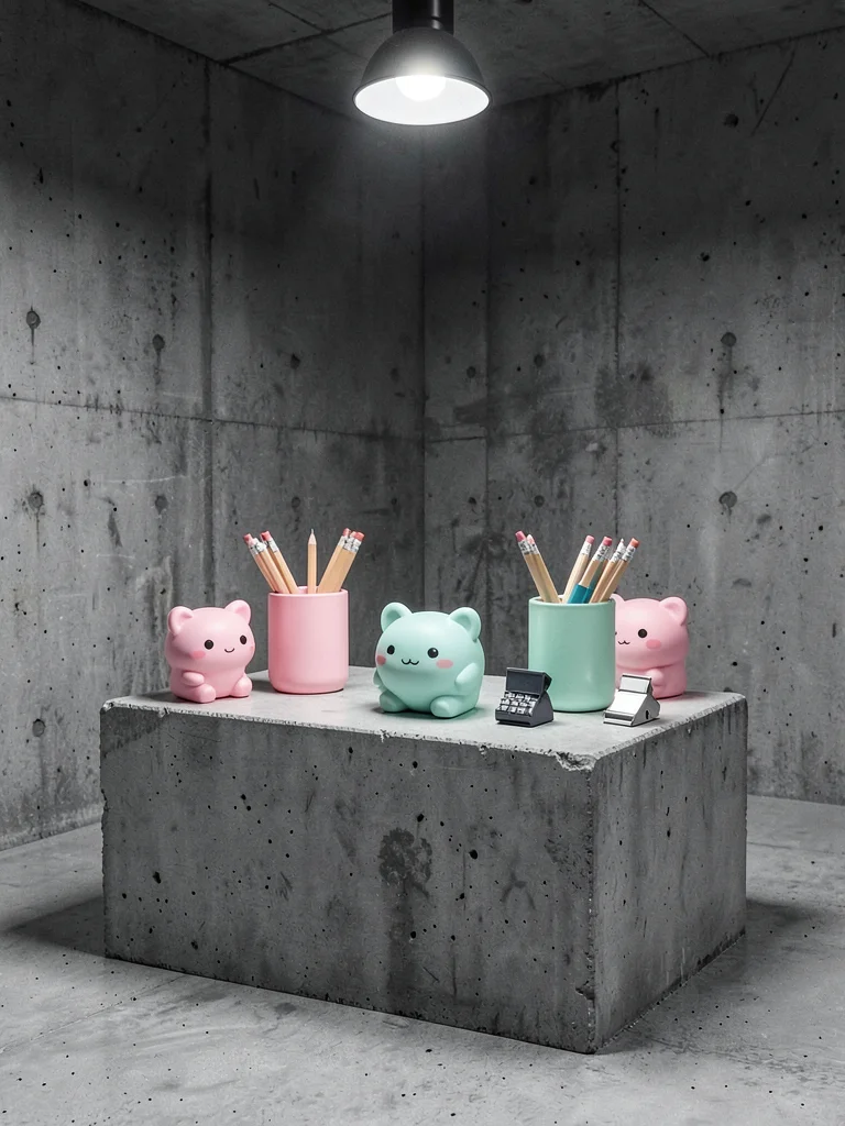 Kawaii desk accessories arranged on raw concrete block, pencil cups and staplers