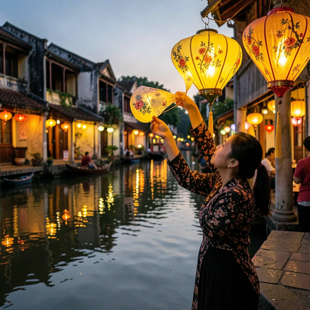 Hoi An lantern glow, silk amber on water, woman hanging freshly painted lantern 