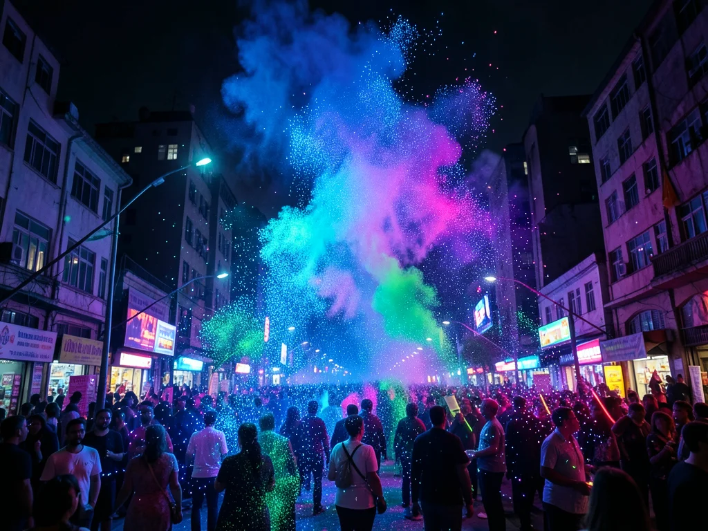 Holi festival but powder is luminescent neon particles, dark city, glowing cloud
