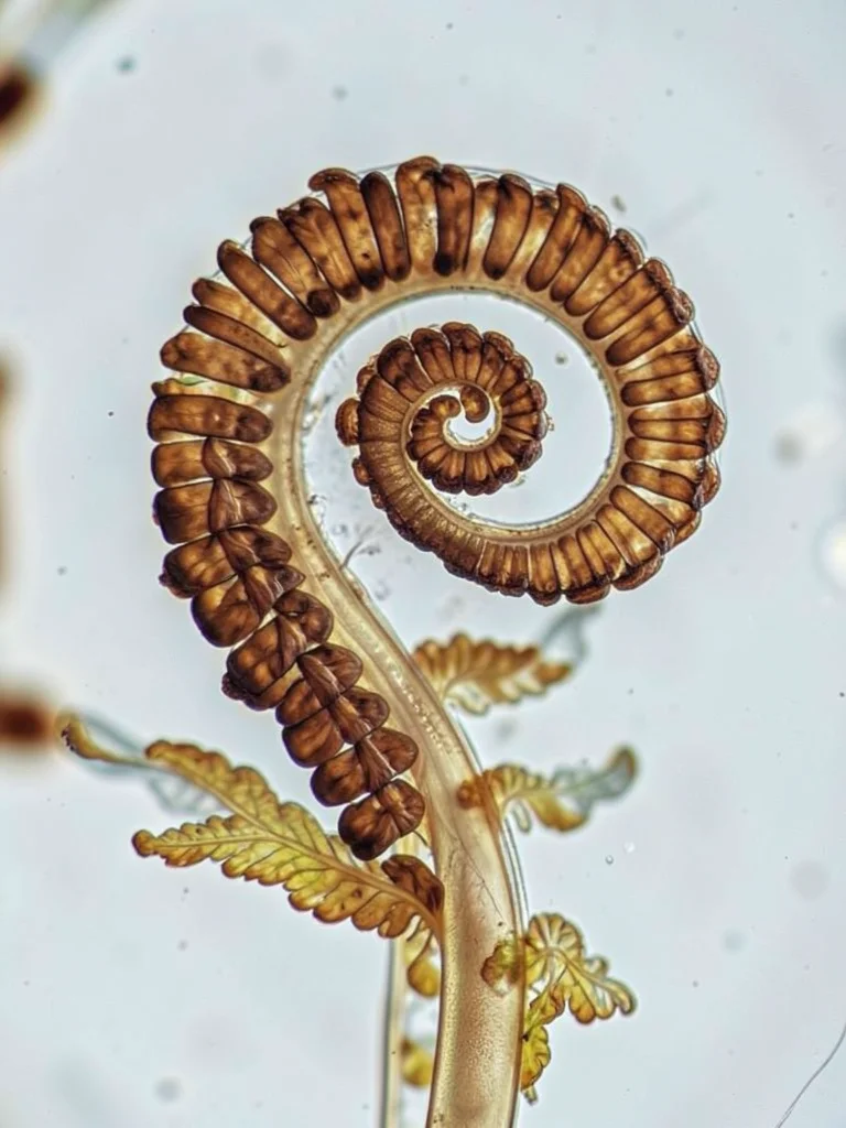 Fern frond unfurling fiddlehead, spiral coil of new growth covered in brown scal