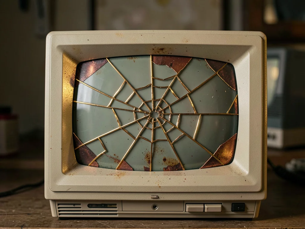Vintage CRT monitor with spiderweb cracks filled with copper, warm patina on bei