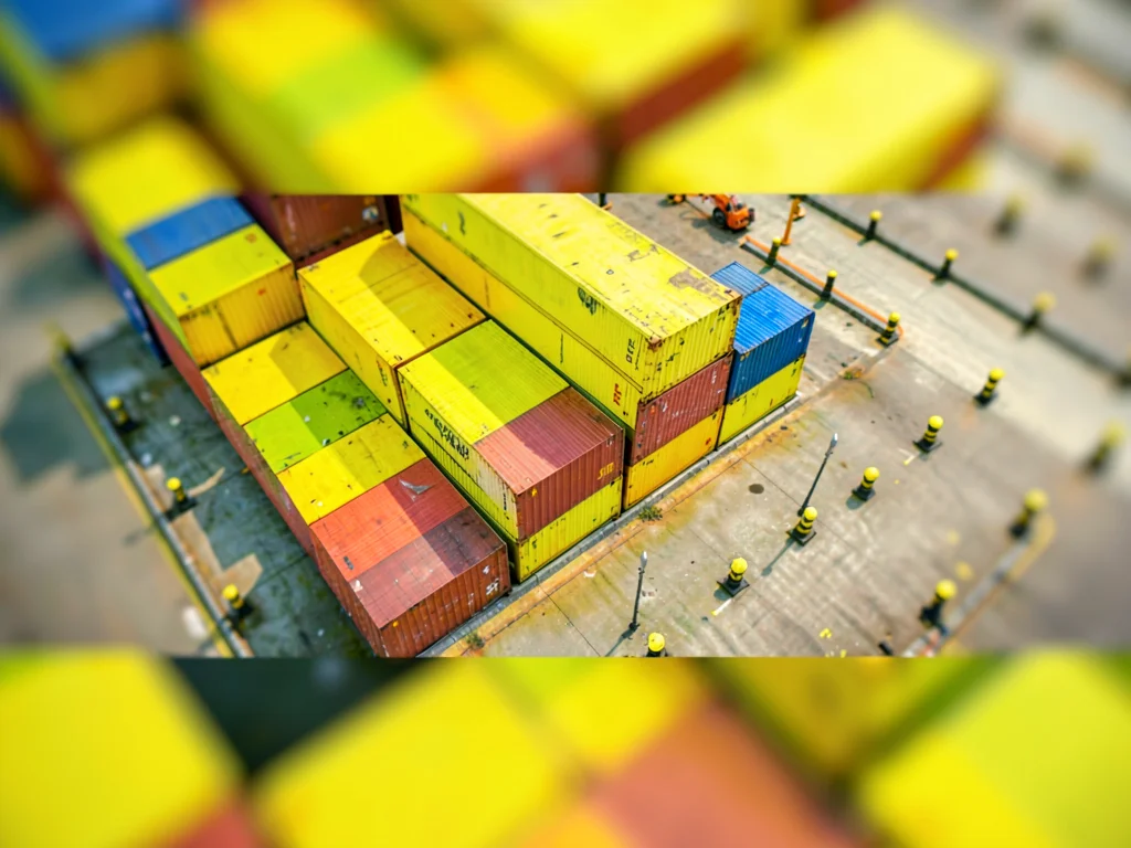 Bird-eye tilt-shift view from a harbor crane of stacked shipping containers in s
