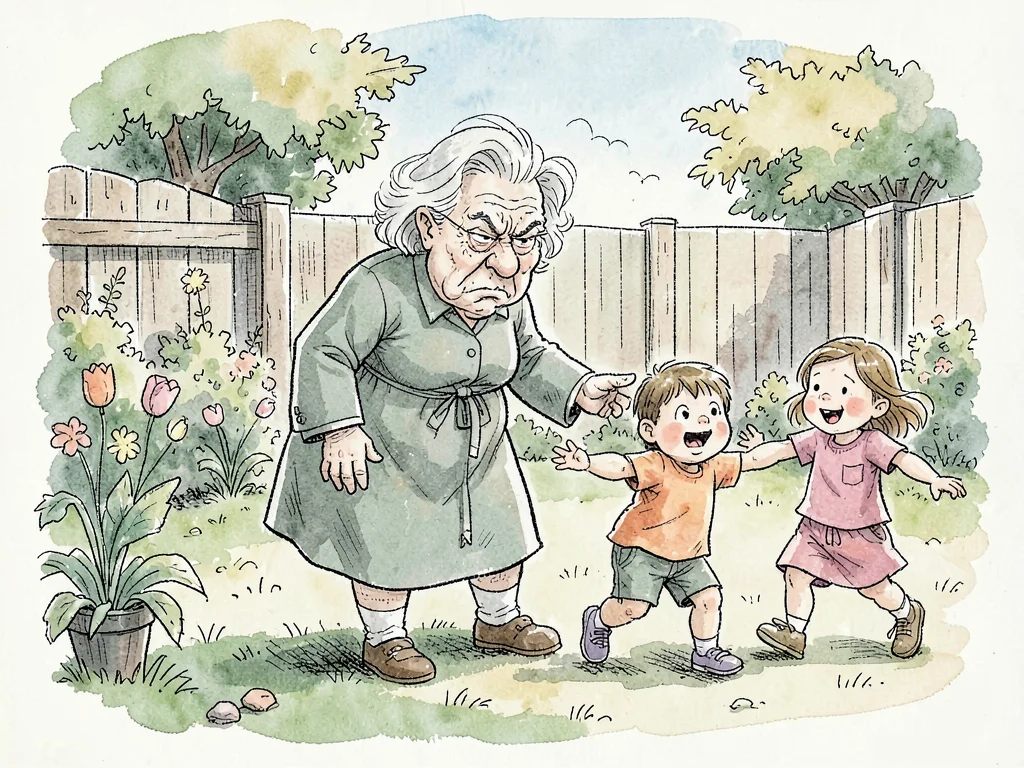 Grumpy woman shooing children from garden