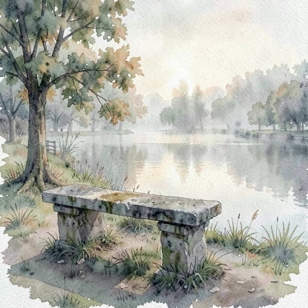 atmospheric watercolor of a stone bench beside a still lake, dawn mist