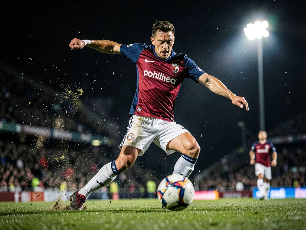 Soccer player striking the ball with perfect form, grass flying, evening floodli