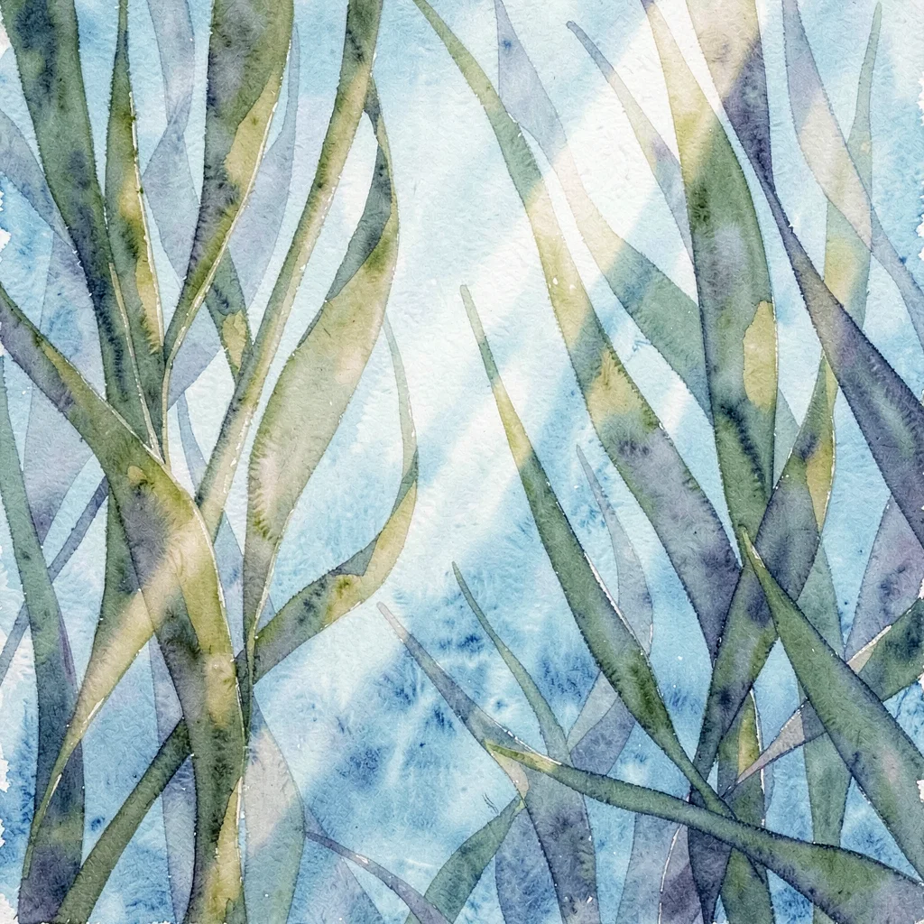through a curtain of kelp swaying in clear cold water, slats of pale sunlight cu