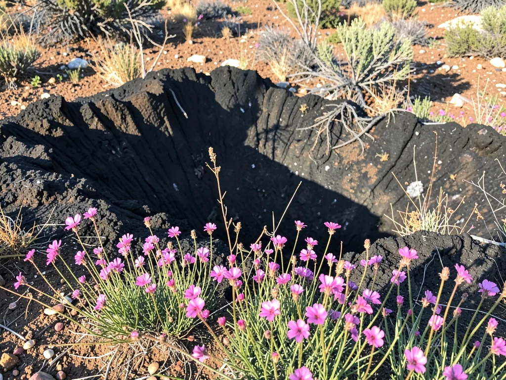 Black fire scar with pink wildflowers in foreground