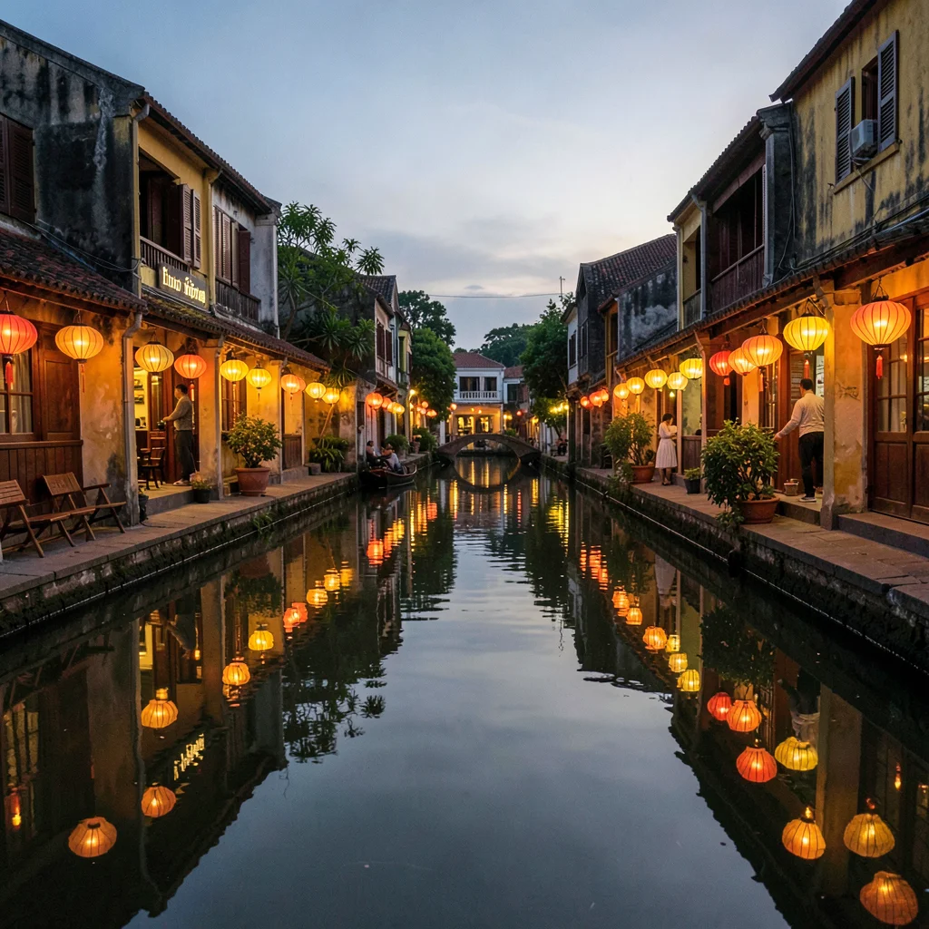 Hoi An lantern glow, silk amber on water, silk lanterns reflected in still canal