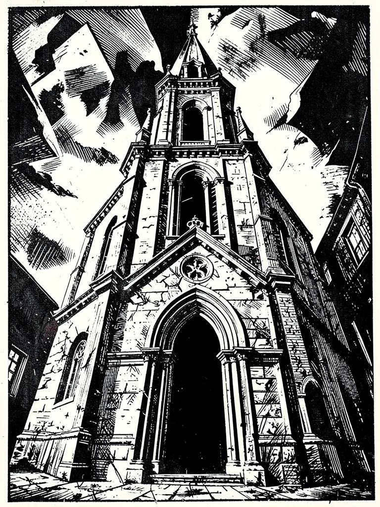 Church facade looming above, distorted perspective, doorway a dark void