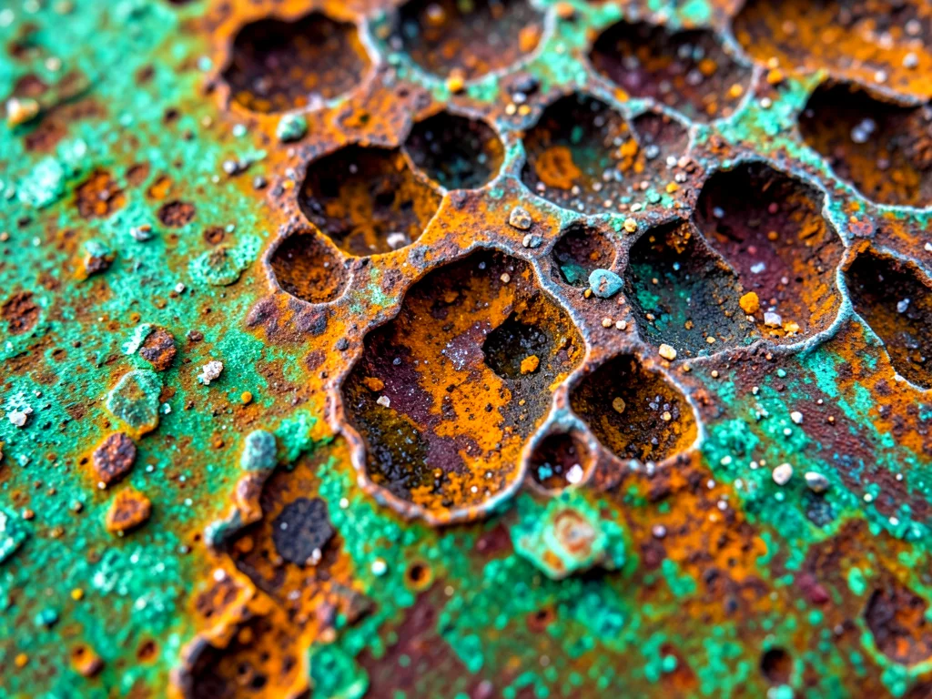 Steel plate left in saltwater, aggressive pitting corrosion creating crater land