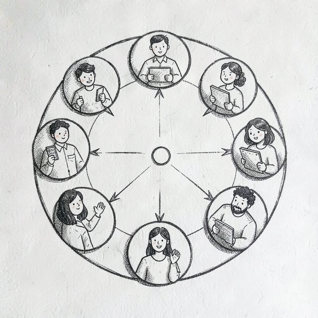 hand-drawn weekly conversation circle diagram, simple icons