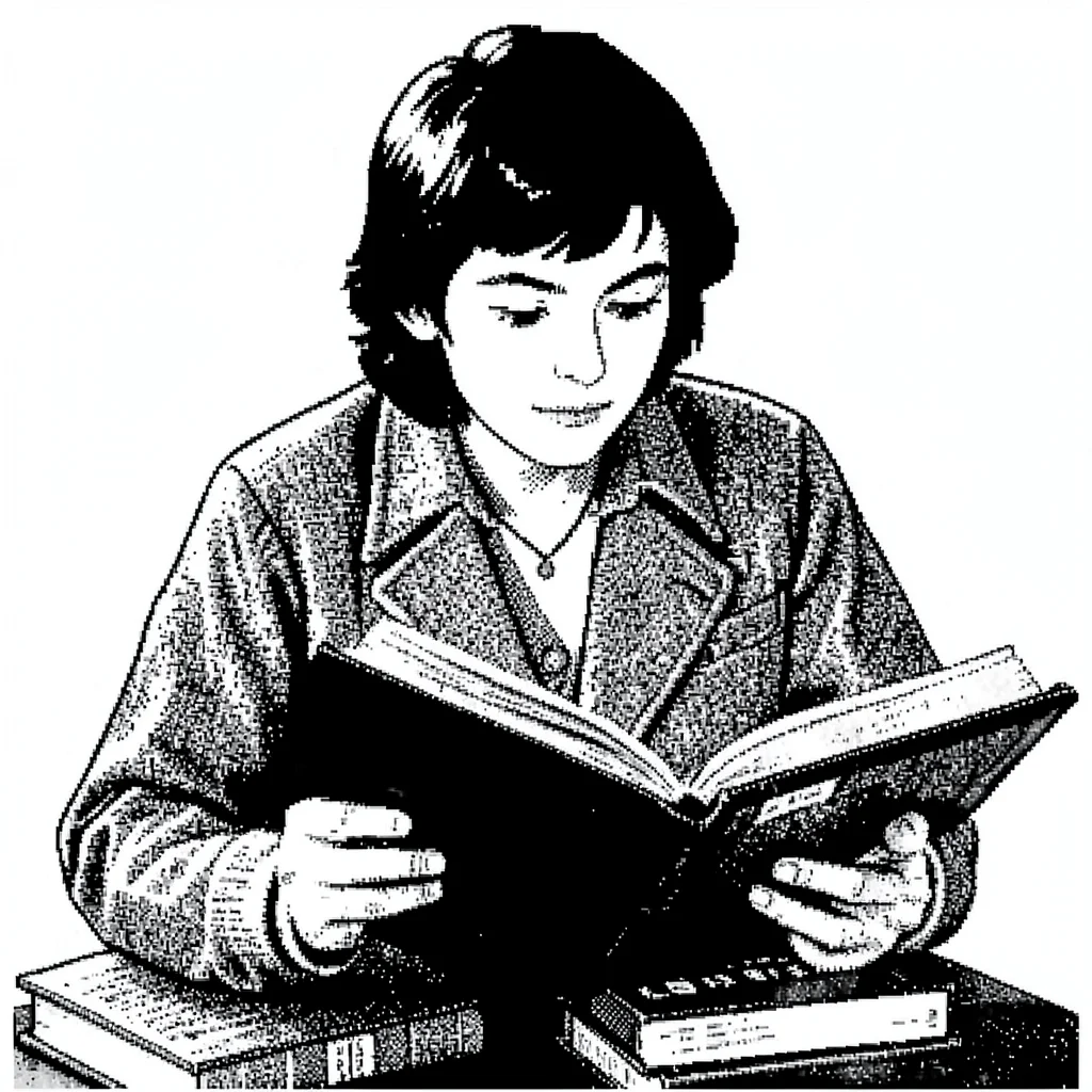 1-bit dithered illustration, person reading book , black and white only, dither 