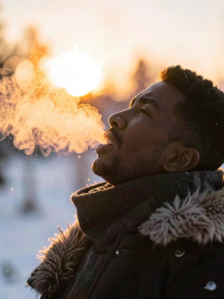 Person exhaling in winter sunrise, breath cloud backlit gold, face dark