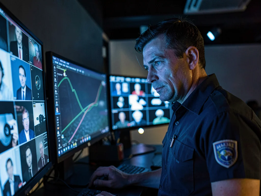 Security guard watching multiple screens, face lit by grid of cameras, the surve