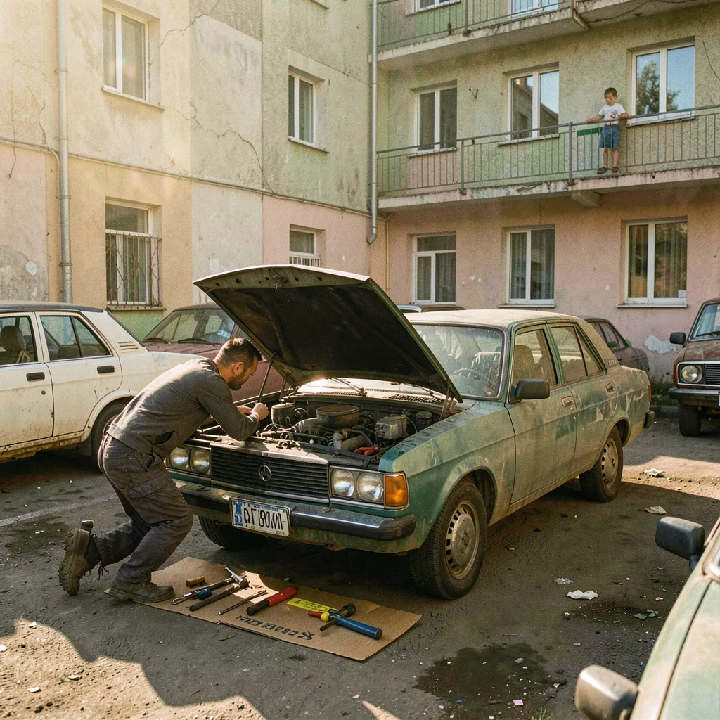 Post-Soviet urban photography, A man repairing a Lada automobile in a courtyard 