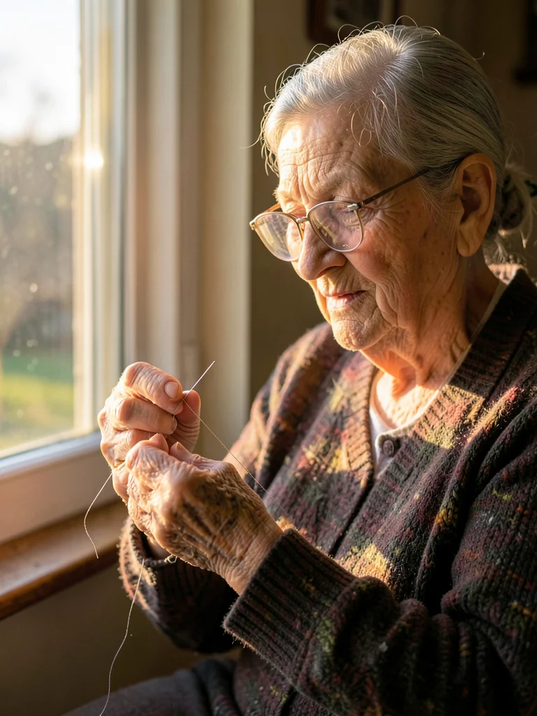 An elderly woman threading a needle by window light, her glasses catching the su