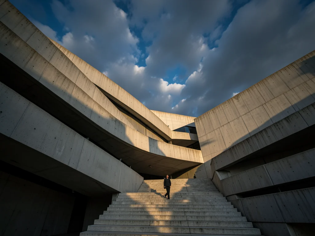 The National Theatre London, its layered concrete terraces against a dramatic cl