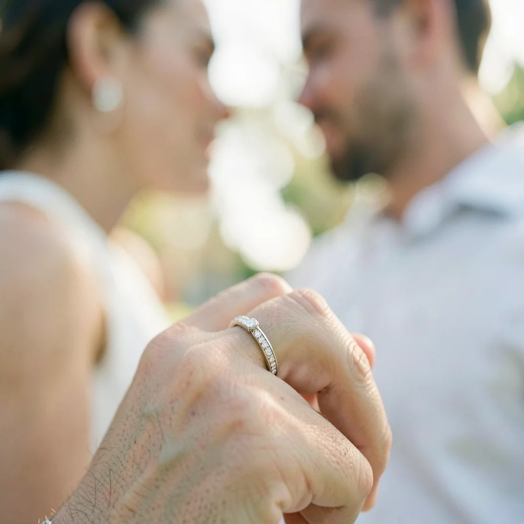 Engagement ring on finger, couple beyond blurred