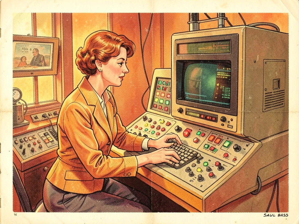 A woman at a control panel of blinking lights and switches, operating a room-siz